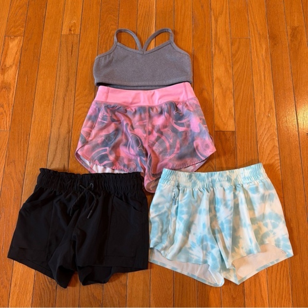 4 Pieces Athleta Girl Sz 7 Gray Sports Bra + Athletic Run Shorts Pink Blue Black